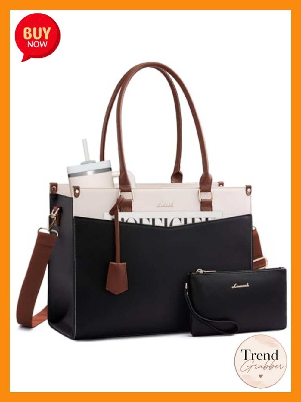 Faux Leather Laptop Tote Bag Work Crossbody with Clutch 17in
